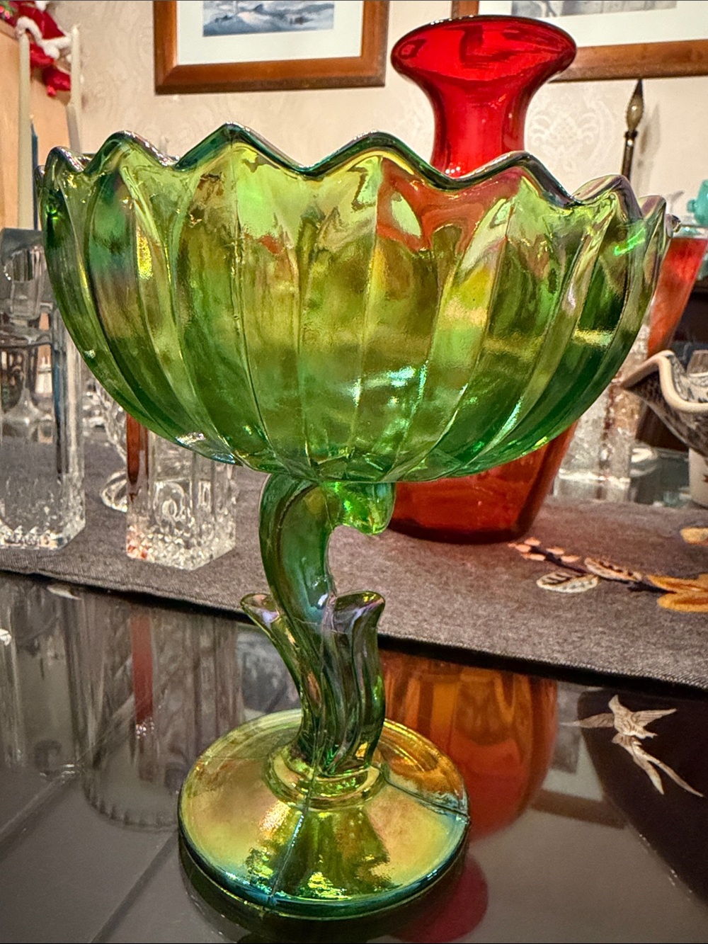 Vintage Lotus Blossom Green Carnival Glass Iridescent Compote - Picture 2 of 7